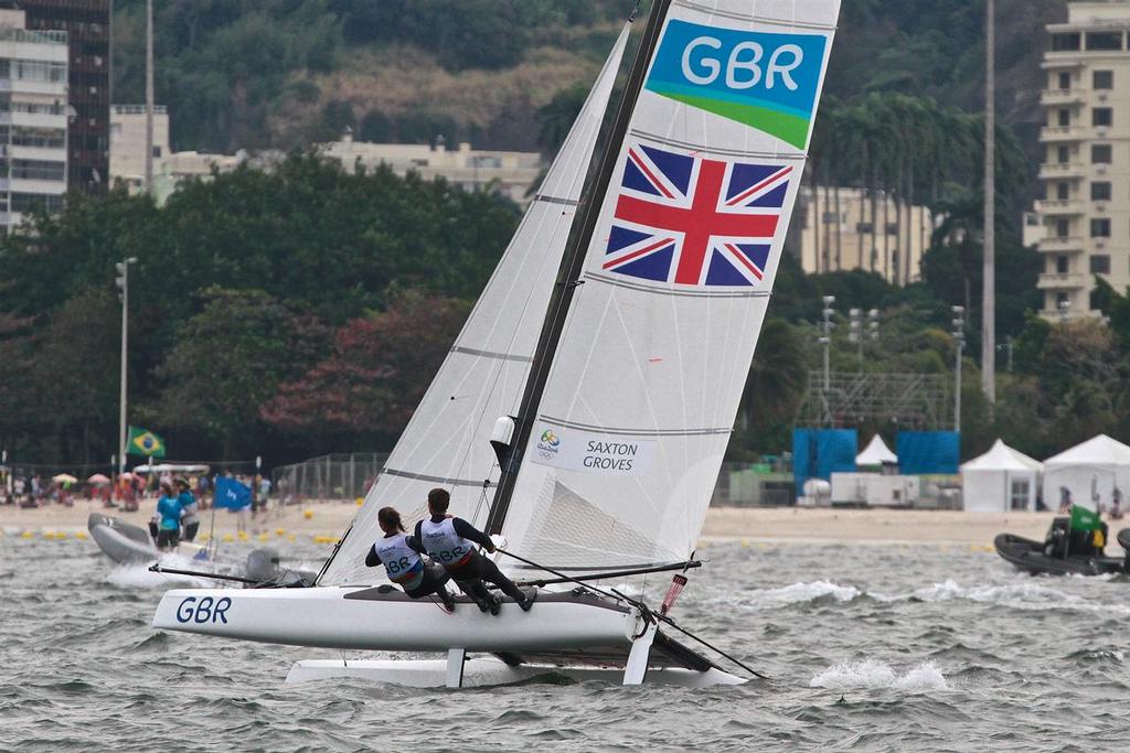 Team GBR begins the chase in the Nacra 17 Medal Race. Summer Olympics © Richard Gladwell www.photosport.co.nz
